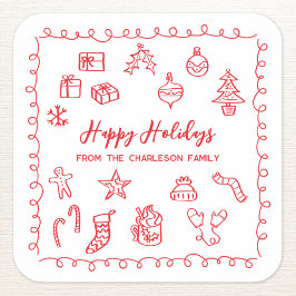 Holiday Scribble Illustration Doodle Red and White Quadratischer Aufkleber