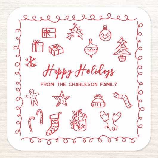 Holiday Scribble Illustration Doodle Red and White Quadratischer Aufkleber
