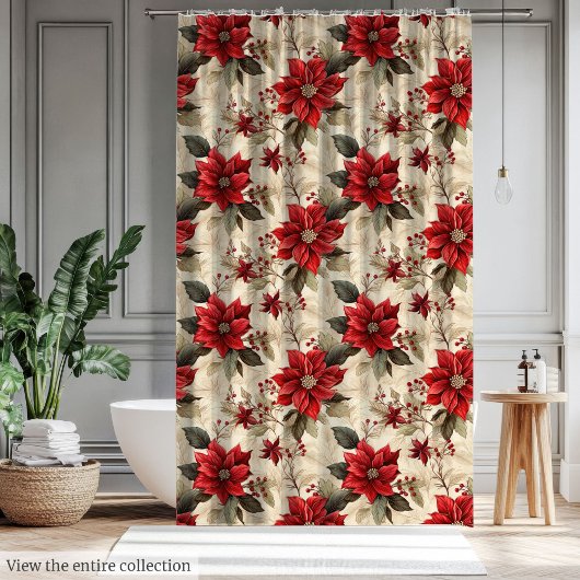 Holiday Shower Curtain with Classic Xmas Flowers Duschvorhang