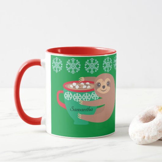 Holiday Sloth Personalisiert Red Green Tasse (Mit Donut)
