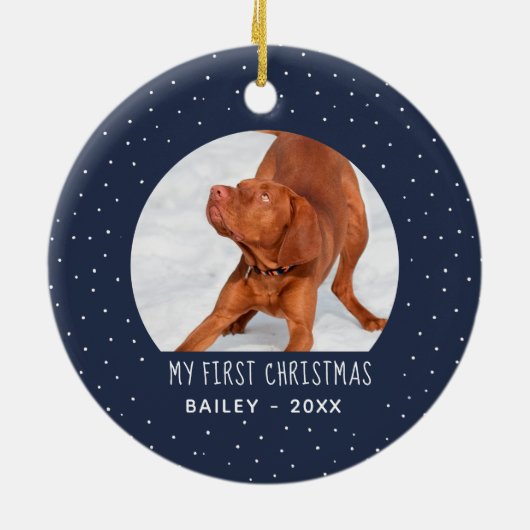 Holiday Snow Mein erster Weihnachtsmann Blau Keramik Ornament (Hinten)