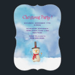 Holiday Snowman Waving Weihnachten Party Einladung<br><div class="desc">Weihnachts-Party Einladung mit einer niedlichen Schneemandeur. Er trägt einen schwarzen Stöpferhut,  hält eine klassische Maiscob-Pfeife und trägt einen roten Schal. Stehend in der kalten weißen Schnee lächeln und winken hallo. Der Hintergrund besteht aus Aquarellenhimmel mit blauen und lila Farben,  die miteinander verschmelzen.</div>