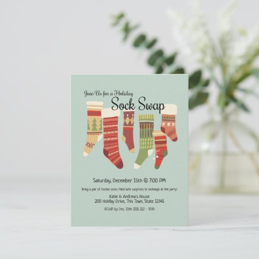 Holiday Sock Exchange Party Einladung (Stehend Vorderseite)