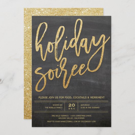 Holiday Soiree Glitzer Chalkboard Party Einladung (Vorne/Hinten)