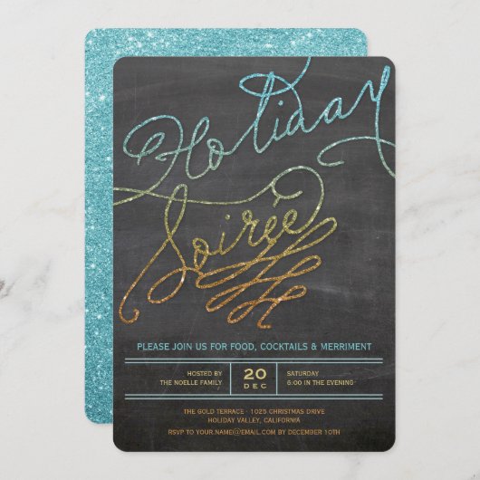 Holiday Soiree Glitzer Chalkboard Party Einladung (Vorne/Hinten)