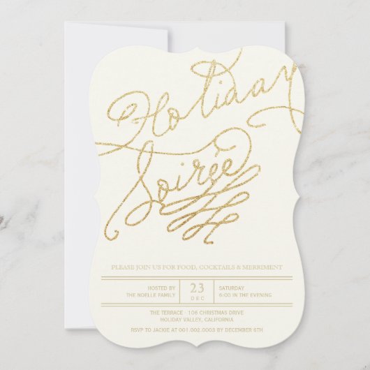 Holiday Soiree Gold Glitzer Script Party Einladung (Vorderseite)