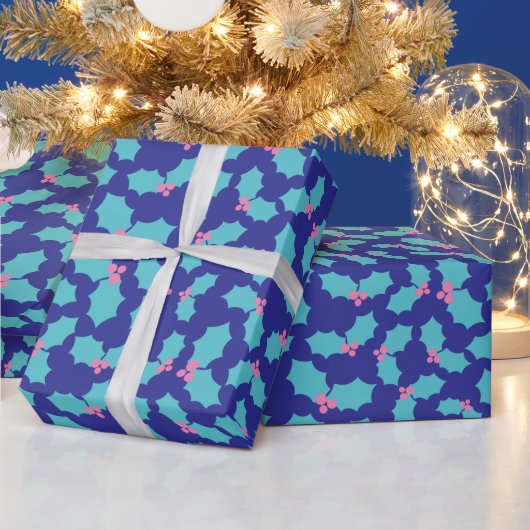 Holiday Turquoise & Pink Mistletoe Dark Blue Gift Geschenkpapier (Feiertage)