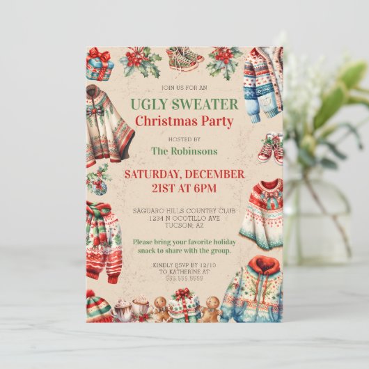 Holiday Ugly Christmas Sweater Geschenk Exchange P Einladung (Stehend Vorderseite)