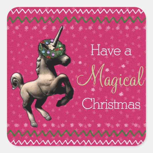 Holiday Unicorn "Magical Christmas" (Pink) Quadratischer Aufkleber (Vorderseite)