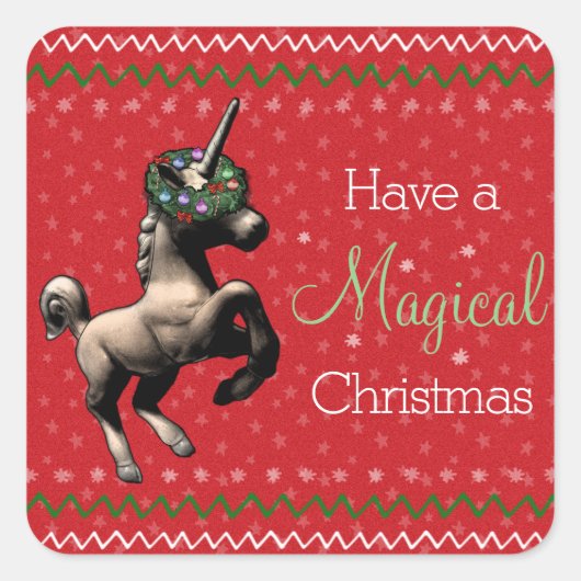 Holiday Unicorn "Magical Christmas" (Rot) Quadratischer Aufkleber (Vorderseite)