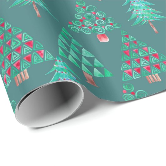 Holiday Watercolor Christmas Tree Gift Wrap Teal Geschenkpapier (Rolleneckpunkt)