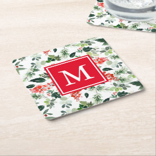 Holiday Watercolor Floral Muster Custom Monogram Rechteckiger Pappuntersetzer
