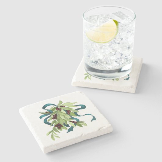 Holiday Watercolor Mistletoe Red Berries Aquamarin Steinuntersetzer (Seitenansicht)