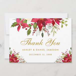Holiday Wedding Poinsettia Floral Gold Dankeskarte
