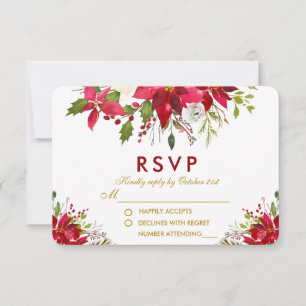 Holiday Wedding Poinsettia Floral Red Gold UAWG RSVP Karte