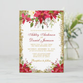 Holiday Wedding Red Floral Poinsettia Gold Glitzer Einladung (Stehend Vorderseite)