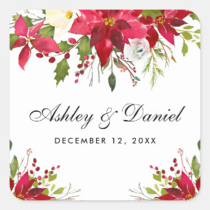 Holiday Wedding Watercolor Poinsettia Floral Quadratischer Aufkleber
