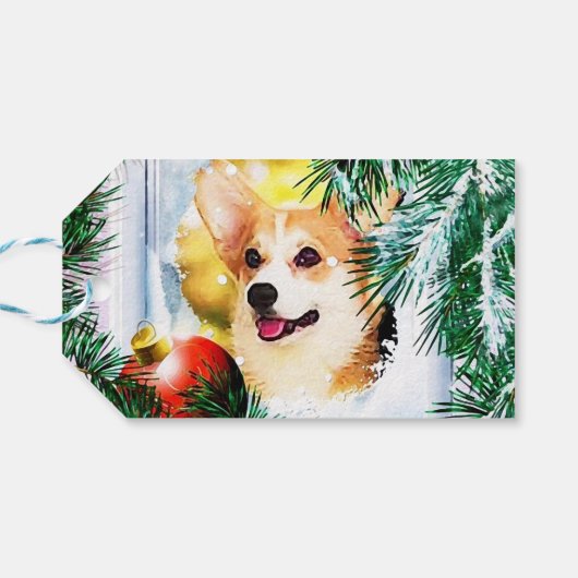 Holiday Welsh Corgi im Winter Geschenkanhänger (Rückseite Horizontal)