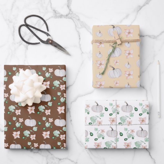 Holiday White Pumpkin Watercolor Art Pattern Geschenkpapier Set (Vorderseite)