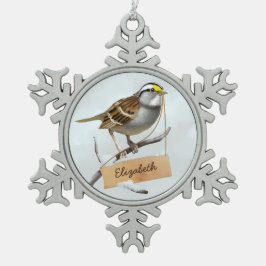 Holiday White throated Spatz Anpassungsname Schneeflocken Zinn-Ornament