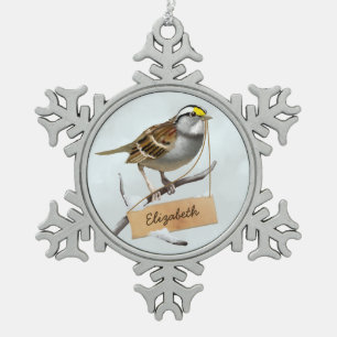 Holiday White throated Spatz Anpassungsname Schneeflocken Zinn-Ornament