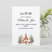 Holiday Winter Rote Kirche Pine Trees Save the Dat Einladung (Stehend Vorderseite)