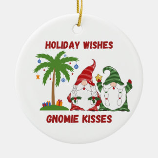 Holiday Wishes, Gnomie Kisses with 2 Gnomes on a Keramik Ornament