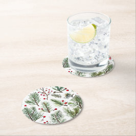 Holiday Woodland Pine & Red Berries Design Runder Pappuntersetzer