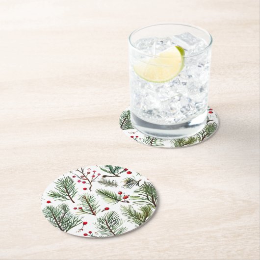 Holiday Woodland Pine & Red Berries Design Runder Pappuntersetzer (Vor Ort)