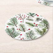 Holiday Woodland Pine & Red Berries Design Runder Pappuntersetzer (Angewinkelt)