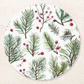 Holiday Woodland Pine & Red Berries Design Runder Pappuntersetzer (Vorderseite)