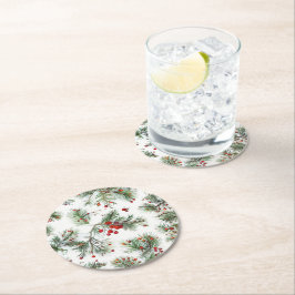 Holiday Woodland Pine & Red Berries Design Runder Pappuntersetzer