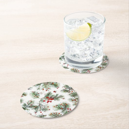 Holiday Woodland Pine & Red Berries Design Runder Pappuntersetzer (Vor Ort)