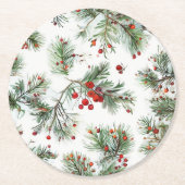 Holiday Woodland Pine & Red Berries Design Runder Pappuntersetzer (Vorderseite)
