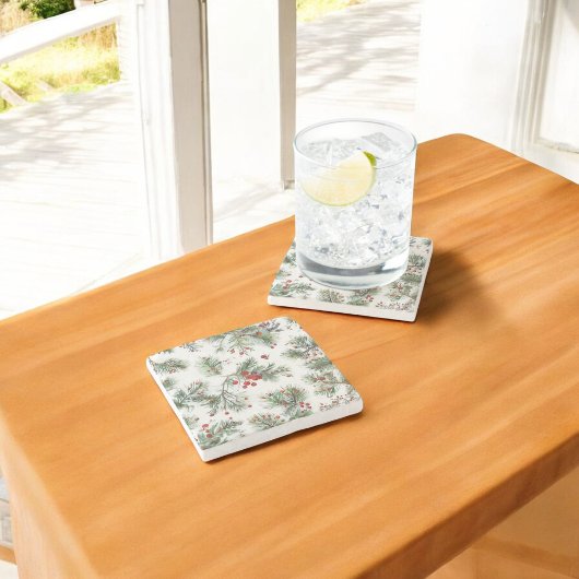 Holiday Woodland Pine & Red Berries Design Steinuntersetzer