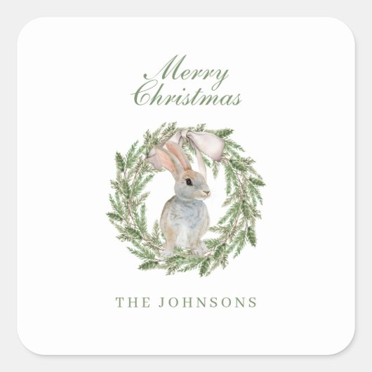 Holiday Wreath Bow Adorable Bunny Rabbit Weihnacht Quadratischer Aufkleber (Vorderseite)