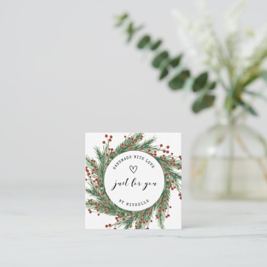 Holiday Wreath Handmade mit Liebe Script Vielen Da Begleitkarte (Stehend Vorderseite)