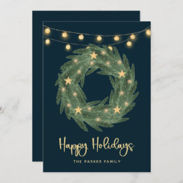 Holiday Wreath mit Gold String Lights auf Blue Feiertagskarte