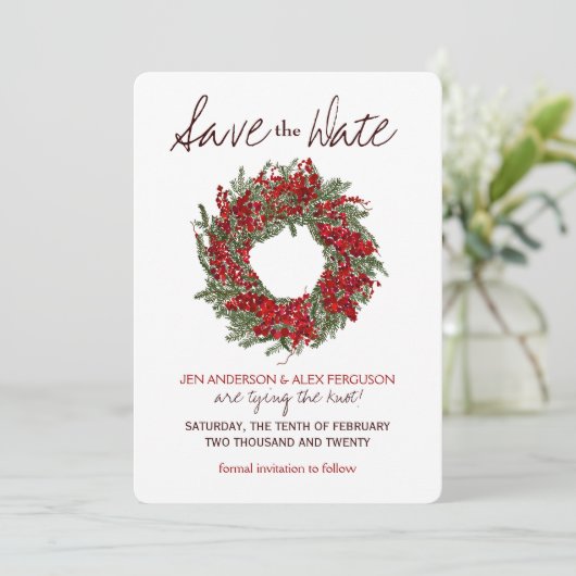Holiday Wreath Save the Date Wedding Card (Stehend Vorderseite)