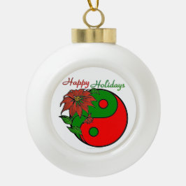 Holiday Yin Yang Poinsettia Green Red Keramik Kugel-Ornament