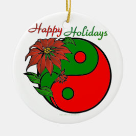 Holiday Yin Yang Poinsettia Green Red Keramik Ornament