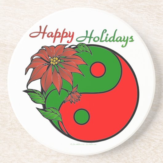 Holiday Yin Yang Poinsettia Green Red Sandstein Untersetzer (Vorne)