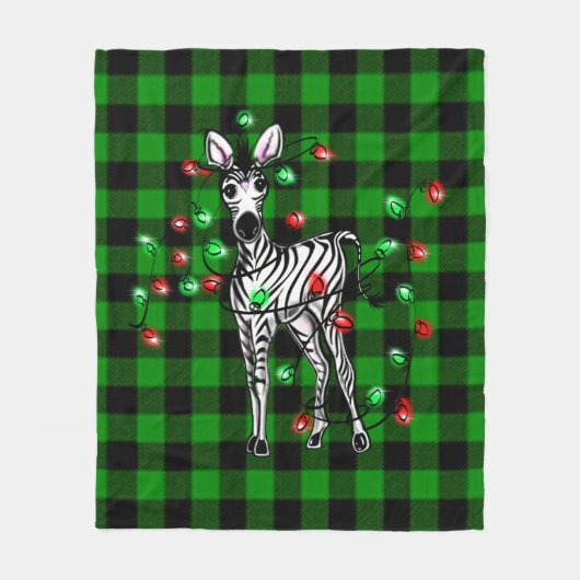 Holiday Zebra, grüner Tartan, blinkende Lichter Fleecedecke (Vorderseite)