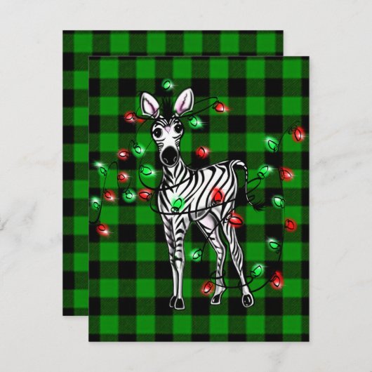 Holiday Zebra, grüner Tartan, blinkende Lichter Mitteilungskarte (Vorne/Hinten)