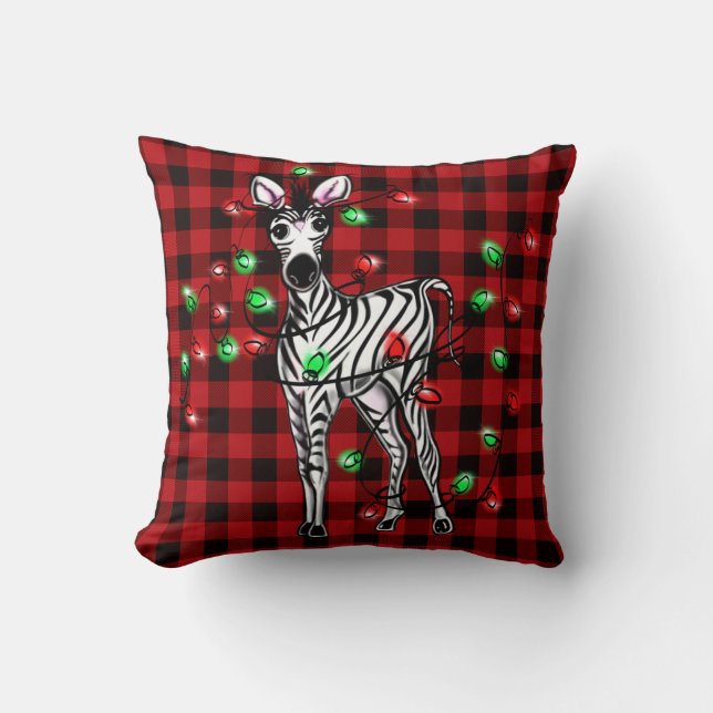 Holiday Zebra, roter Tartan, blinkende Lichter Kissen (Vorderseite)
