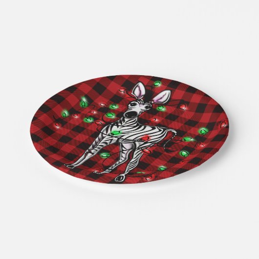 Holiday Zebra, roter Tartan, blinkende Lichter Pappteller (Schrägansicht)