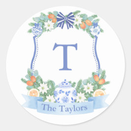 Holidays Blue and White Citrus Wappen Umschlag Auf Runder Aufkleber
