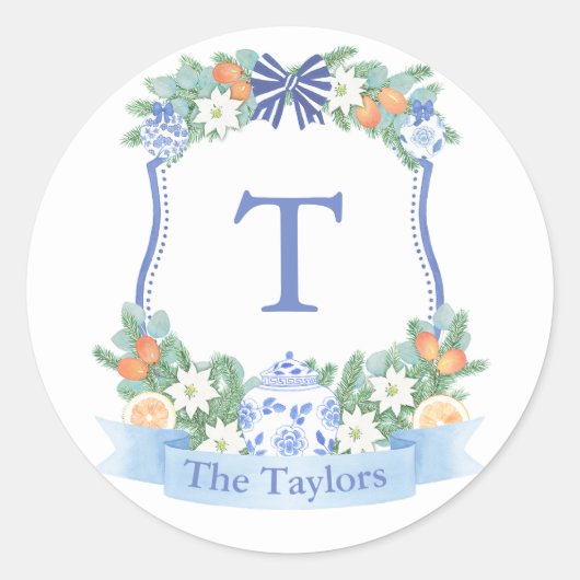 Holidays Blue and White Citrus Wappen Umschlag Auf Runder Aufkleber (Vorderseite)