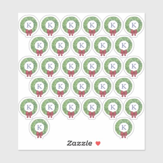 Holidays Wreath Red Bow Monogram Umschlag Aufklebe Aufkleber (Blatt)