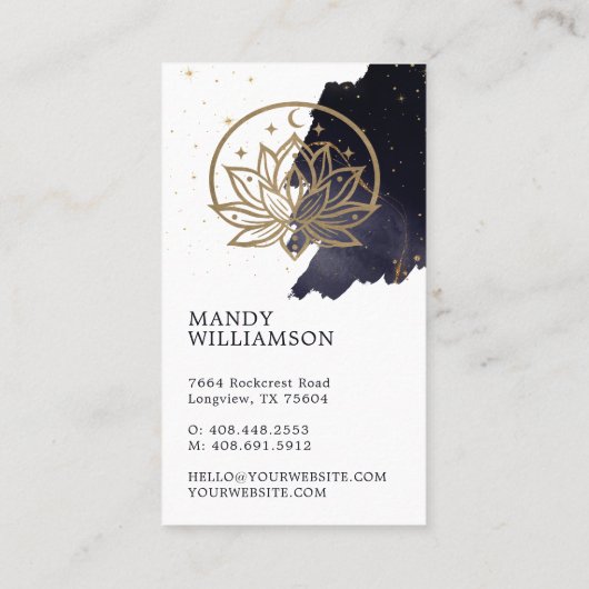 Holistischer Himmelsmond & Lotus Dark Ink Monogram Visitenkarte (Rückseite)